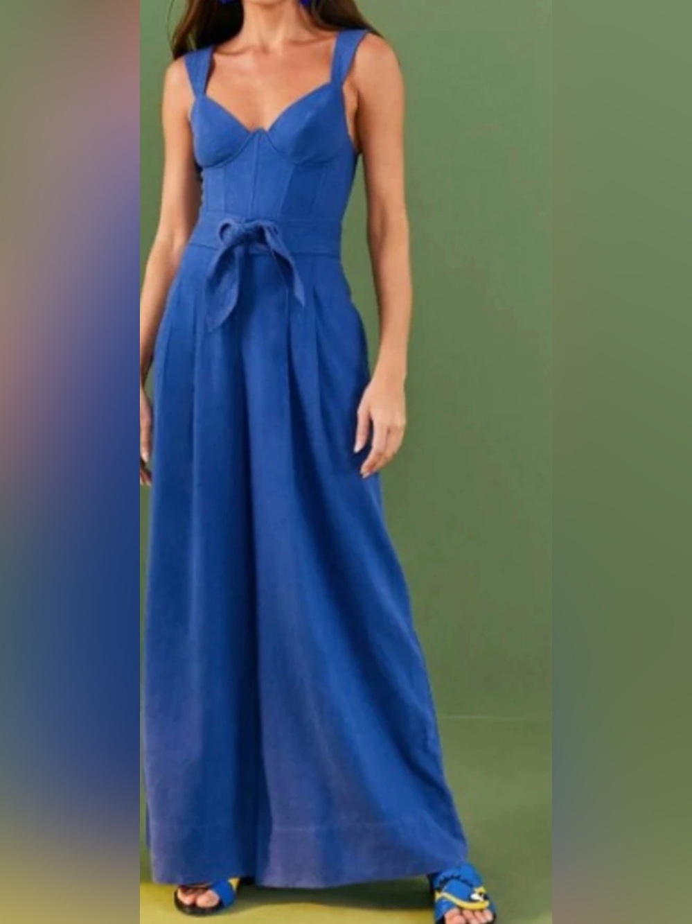 FARM Rio Blue Belted Pleated Wide Leg Linen Jumpsuit | M